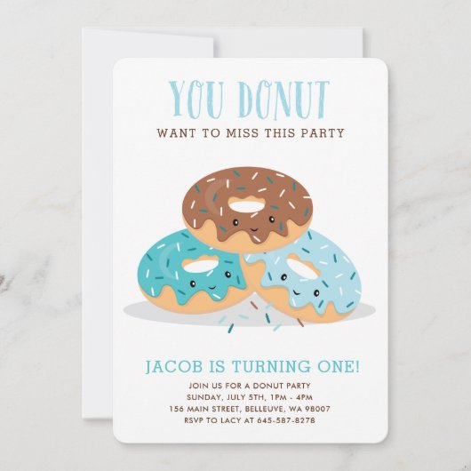 ドーナツ恋しく思このおもしろい誕生日パーティーの招待青 招待状 (正面)