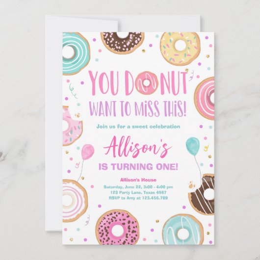 ドーナツ恋しく思は、このピンクの甘い女の子の誕生日 招待状 (正面)