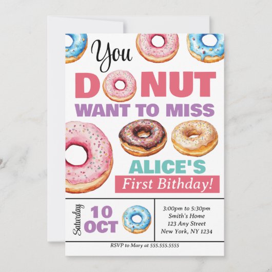 ドーナツ恋しく思ドーナツこの誕生日パーティー 招待状 (正面)