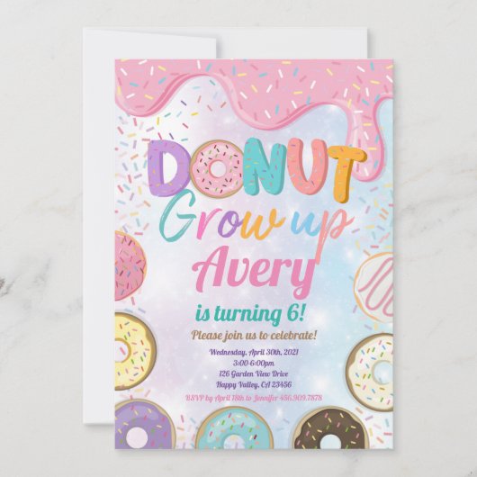 ドーナツ成長バースデーパーティーピンクパステルガールInv 招待状 (正面)