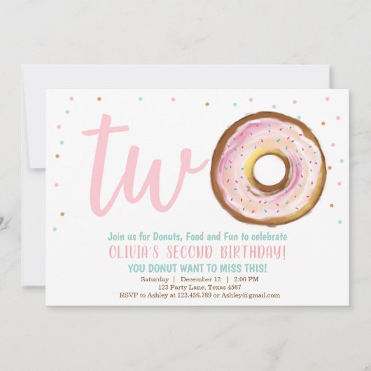 ドーナツ招待状ワンガールツースイートバースデーパーティー 招待状 (正面)