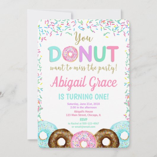 ドーナツ振りかける誕生日パーティーの招待状の女の子 招待状 (正面)