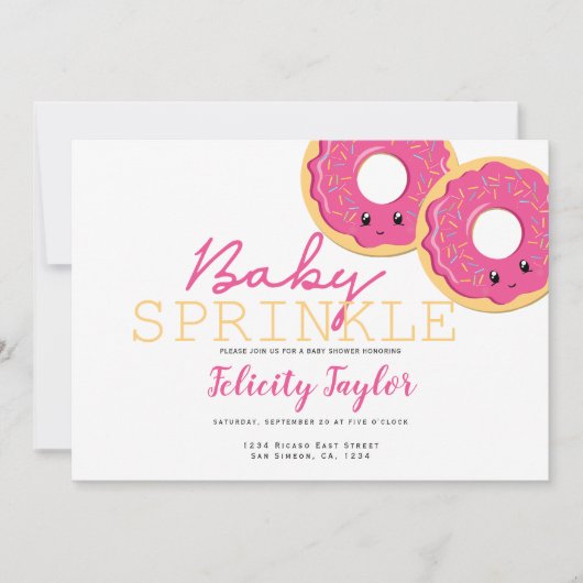 ドーナツ散水赤ちゃんシャワーピンクの双子の女の子 案内状 (正面)