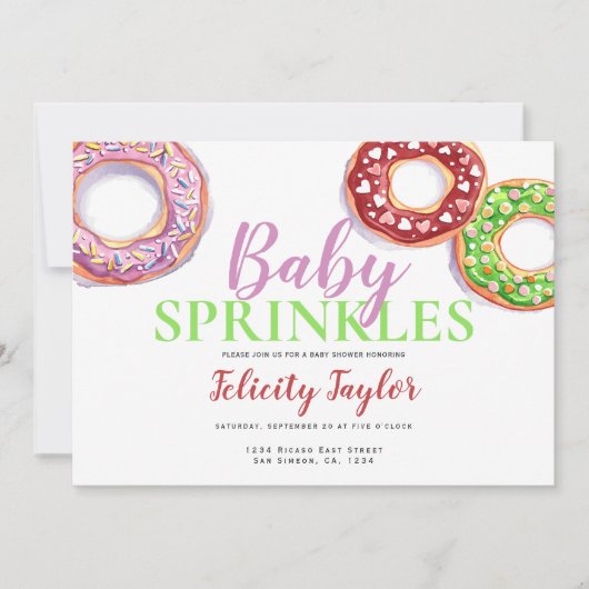 ドーナツ散水赤ちゃんシャワーピンクドーナツ 招待状 (正面)