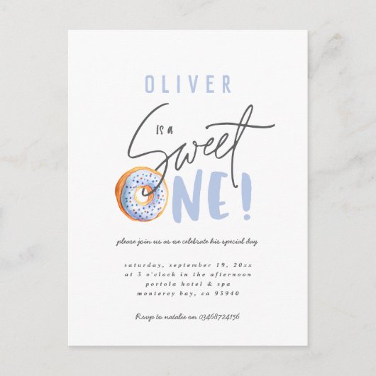 ドーナツ甘い1歳の誕生日パーティの招待状 シーズンポストカード (正面)