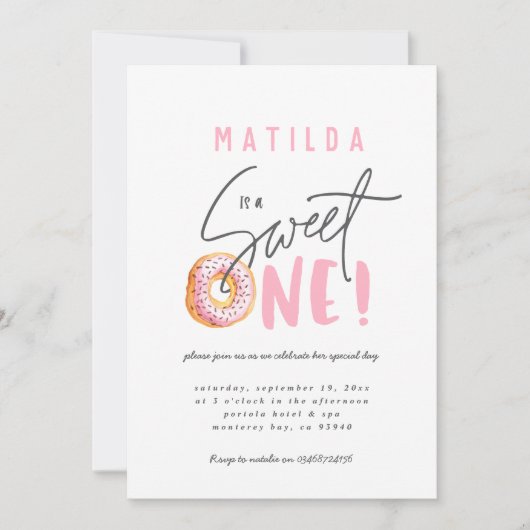 ドーナツ甘い1歳の誕生日パーティの招待状 案内状 (正面)