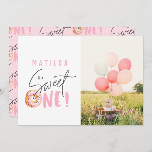 ドーナツ甘い1歳の誕生日パーティの招待状 案内状 (正面/裏面)