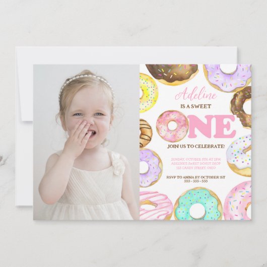ドーナツ甘い1歳1歳の誕生日ガールカワイイパーティー 招待状 (正面)