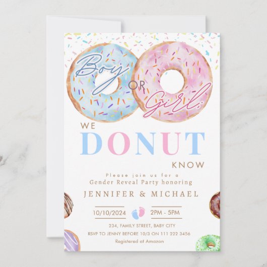 ドーナツ知っているジェンダーリビールボーイガールブルーピンクパーティー 招待状 (正面)