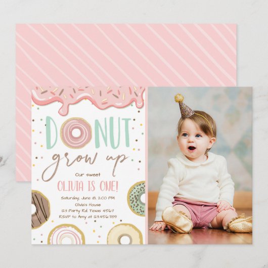 ドーナツ育ちピンクのドーナツ娘誕生パーティー 招待状 (正面/裏面)