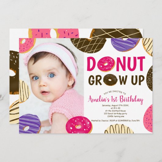 ドーナツ育ておもしろいかわいい写真1歳の誕生日 招待状 (正面/裏面)
