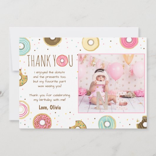 ドーナツ誕生日サンキューカードピンクガールドーナツ サンキューカード (正面)