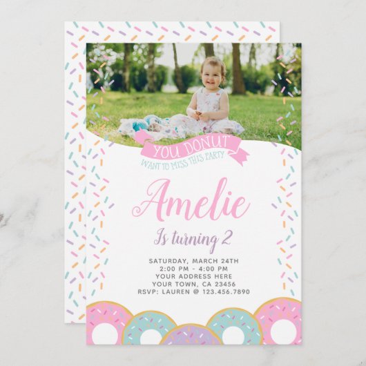 ドーナツ誕生日招待状と写真 招待状 (正面/裏面)