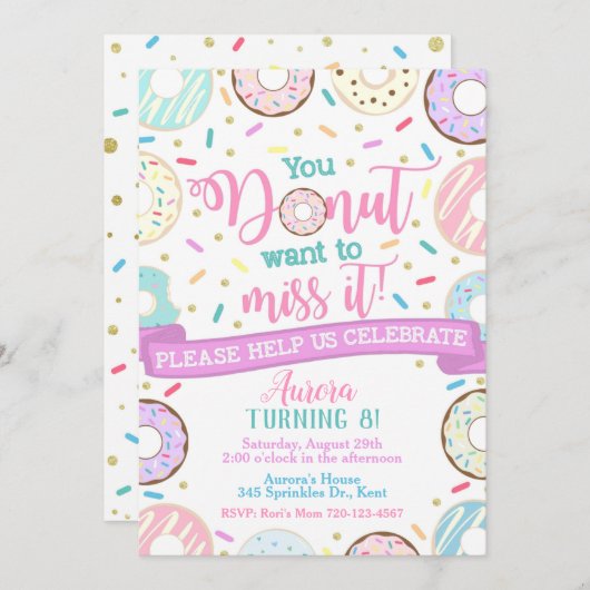 ドーナツ誕生日招待状ドーナツパーティー 招待状 (正面/裏面)
