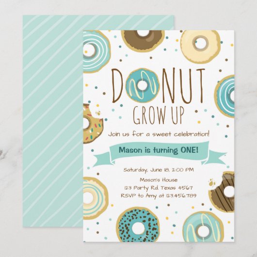 ドーナツ誕生日招待状ドーナツ成長パーティー 招待状 (正面/裏面)