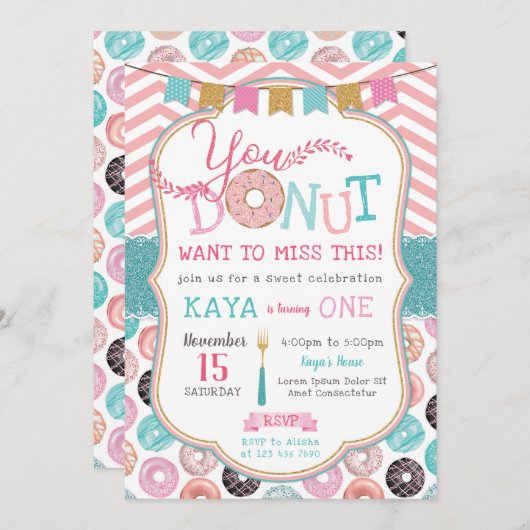 ドーナツ誕生日招待状 招待状 (正面/裏面)