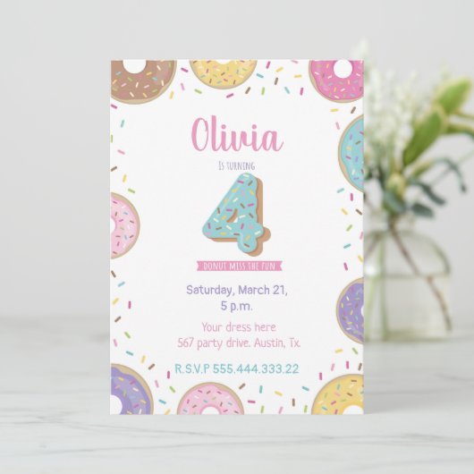 ドーナツ誕生日招待、4歳の誕生日の招待 招待状 (スタンド正面)