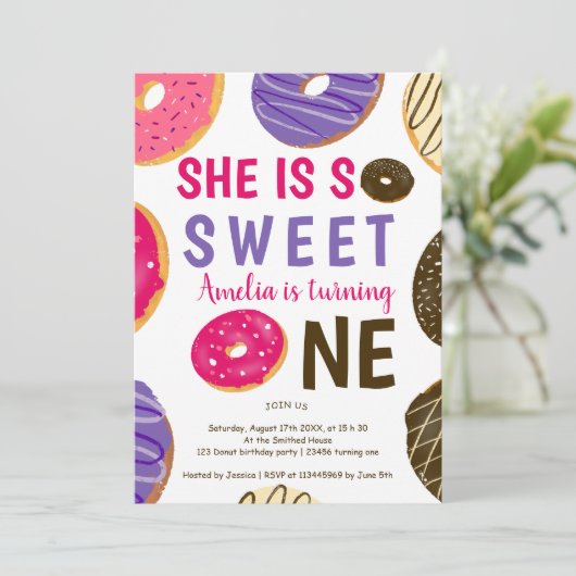 ドーナツ1回おもしろいかわいい水色1歳の誕生日 招待状 (スタンド正面)