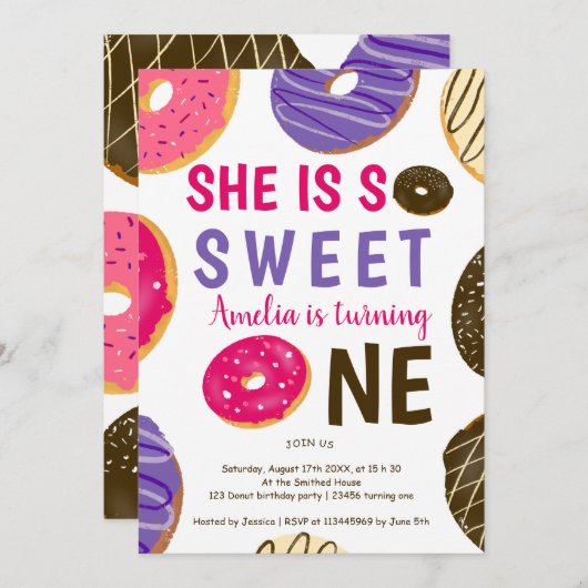 ドーナツ1回おもしろいかわいい水色1歳の誕生日 招待状 (正面/裏面)