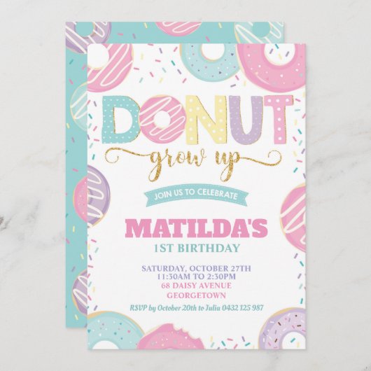 ドーナツ1歳の誕生日を迎える少女ドーナツパーティー 招待状 (正面/裏面)