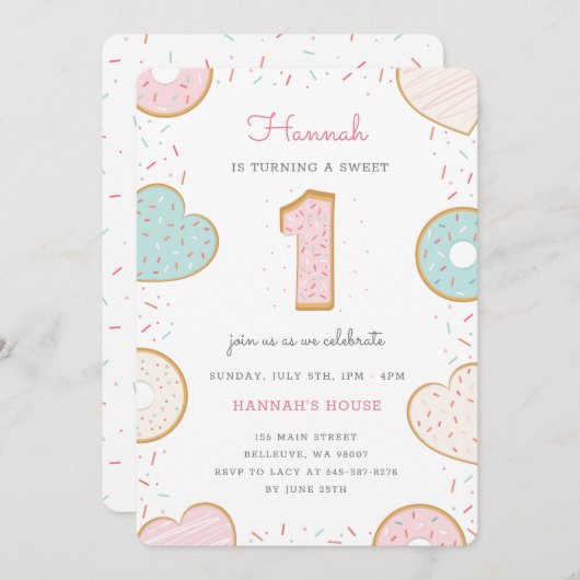 ドーナツ1歳の誕生日パーティーの招待ピンク 招待状 (正面/裏面)