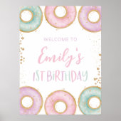ドーナツ1歳の誕生日パーティーウェルカムサインポスターアクア ポスター (正面)