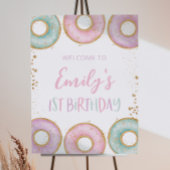 ドーナツ1歳の誕生日パーティーウェルカムサインポスターアクア ポスター
