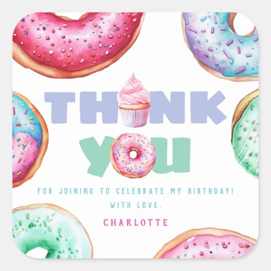 ドーナツ1歳の誕生日パーティーガールかわいい感謝お願い スクエアシール (正面)