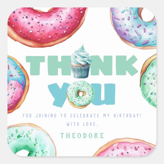 ドーナツ1歳の誕生日パーティー男の子かわいい感謝のお願い スクエアシール (正面)