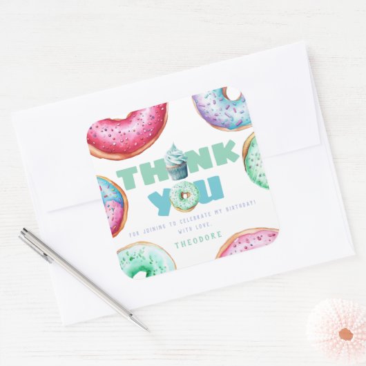 ドーナツ1歳の誕生日パーティー男の子かわいい感謝のお願い スクエアシール (封筒)