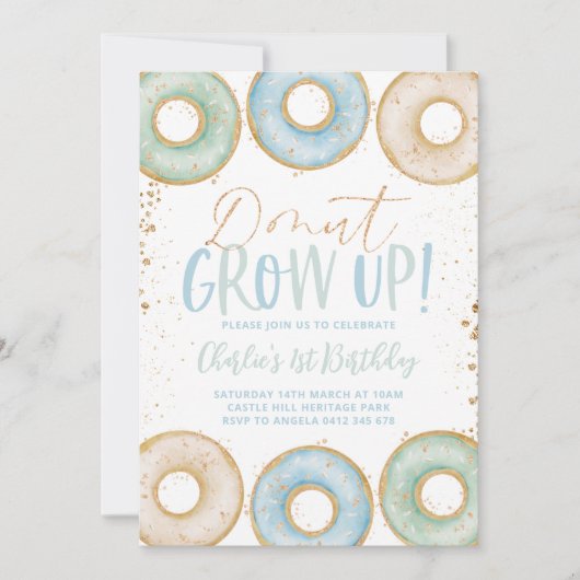 ドーナツ1歳の誕生日招待状ボーイドーナツ成長 招待状 (正面)
