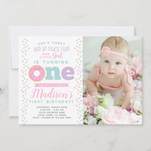 ドーナツ1歳の誕生日招待状（写真付き） 招待状 (正面)