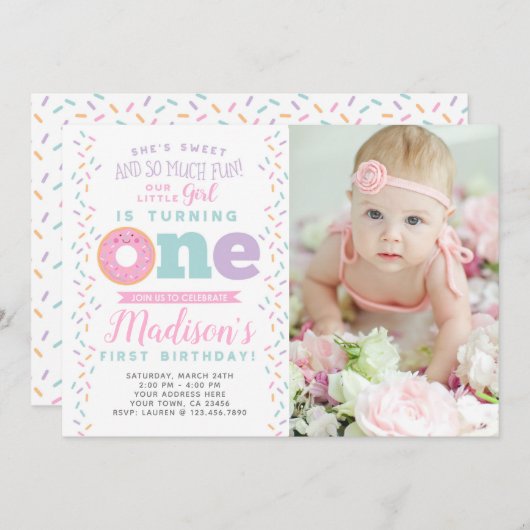 ドーナツ1歳の誕生日招待状(写真付き) 招待状 (正面/裏面)