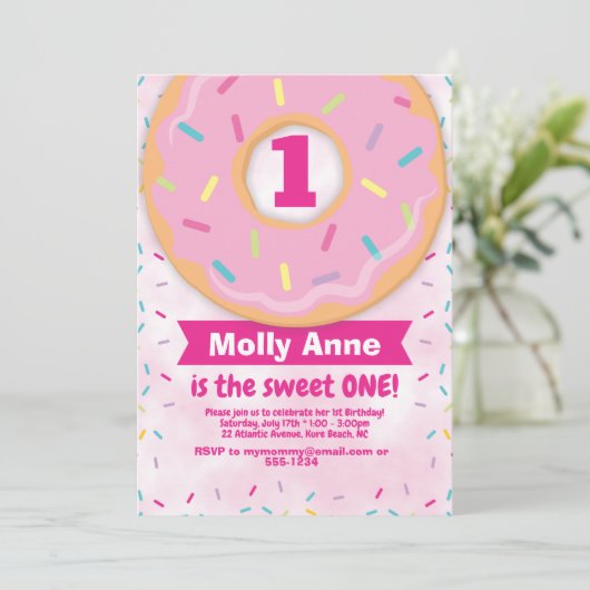 ドーナツ1st最初の誕生日ガール招待状散水 招待状 (スタンド正面)