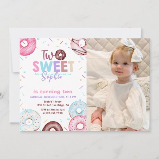 ドーナツ2つの甘い2番目の誕生日パーティー写真 招待状 (正面)