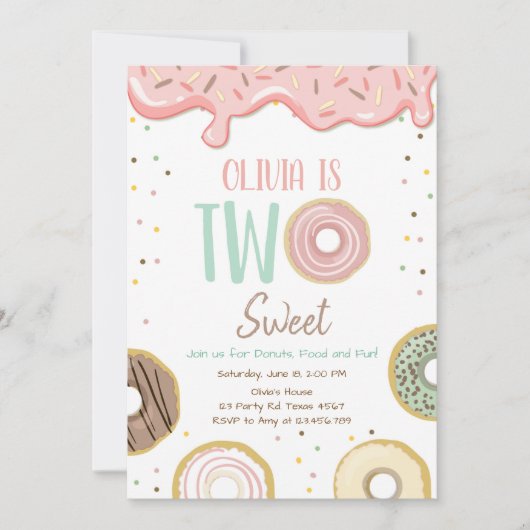 ドーナツ2人のピンクのドーナツ娘誕生パーティー 招待状 (正面)