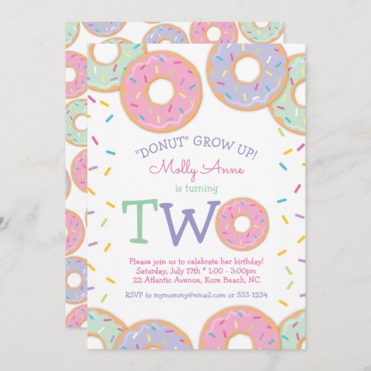 ドーナツ2nd誕生日招待状ピンクの散水器 招待状 (正面/裏面)