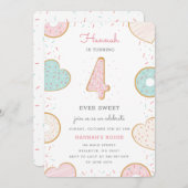 ドーナツ4歳の誕生日パーティーの招待ピンク 招待状 (正面/裏面)