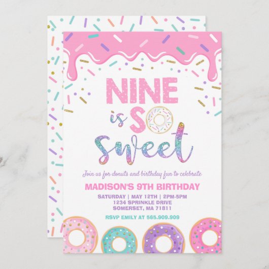 ドーナツ9番誕生日招待状ドーナツ9は甘い 招待状 (正面/裏面)