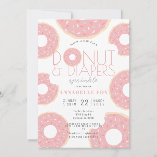 ドーナツ&おむつピンクの赤ちゃんシャワーを振る 招待状 (正面)