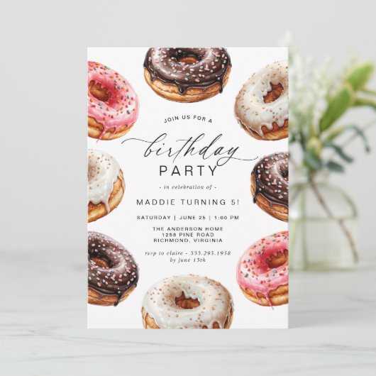 ドーナツ |かわいいデザートテーマガールズバースデーパーティー 招待状 (スタンド正面)