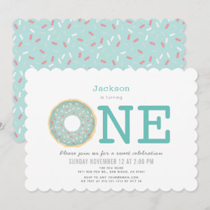 ドーナツ シンプル ミントグリーン 男の子 1歳 誕生日 招待状