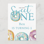 ドーナツ スウィート ワン ブルー 1歳の誕生日パーティー招待状 ポストカード (正面)