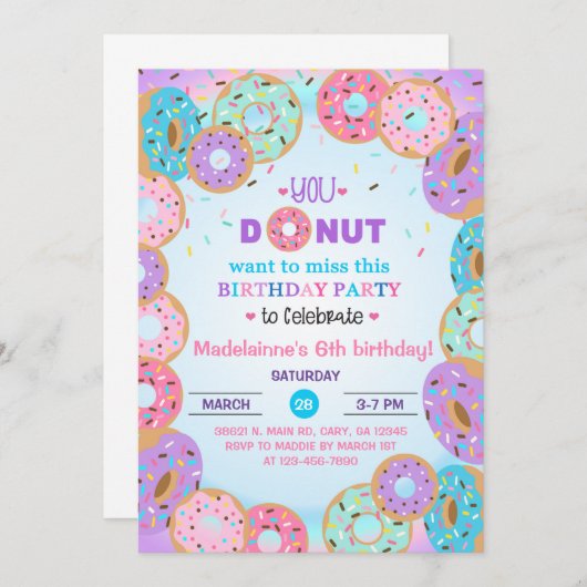ドーナツ、ドーナツ、女の子6歳の誕生日の招待状。 招待状 (正面/裏面)