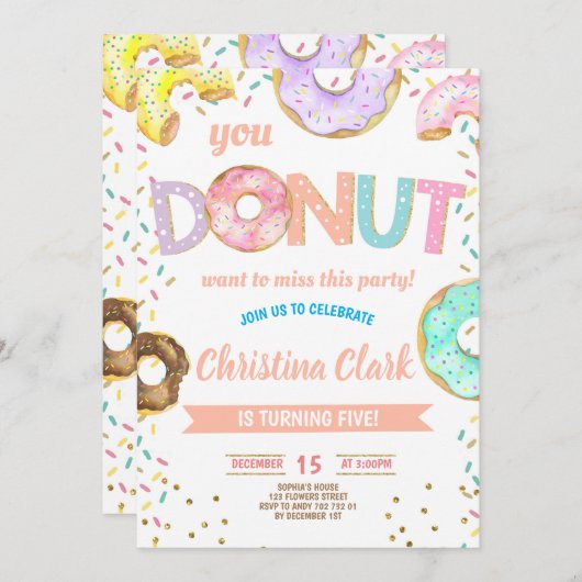 ドーナツ·ピンクが女の子の誕生パーティー 招待状 (正面/裏面)
