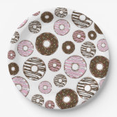 ドーナツ、ピンクドーナツ、ブラウンドーナツのパターン ペーパープレート (正面)