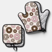 ドーナツ、ピンクドーナツ、ブラウンドーナツのパターン 鍋つかみ&鍋敷きセット (正面/裏面)