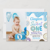 ドーナツ・ボーイ・スイート・ワン第1誕生日パーティー・ブルー・フォト  招待状 (正面)