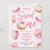 ドーナツPink Girl Sweet One 1st Birthdayパーティー 招待状 (正面)