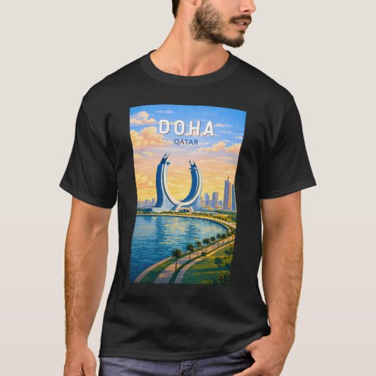 ドーハ カタール イラスト 旅行 アート ヴィンテージ Tシャツ (正面)